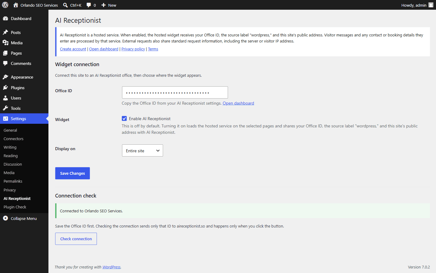 AI Receptionist settings inside WordPress showing the Office ID field, display controls, and a successful connection check