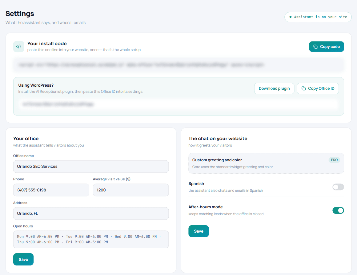 AI Receptionist dashboard showing the WordPress plugin download and Copy Office ID controls