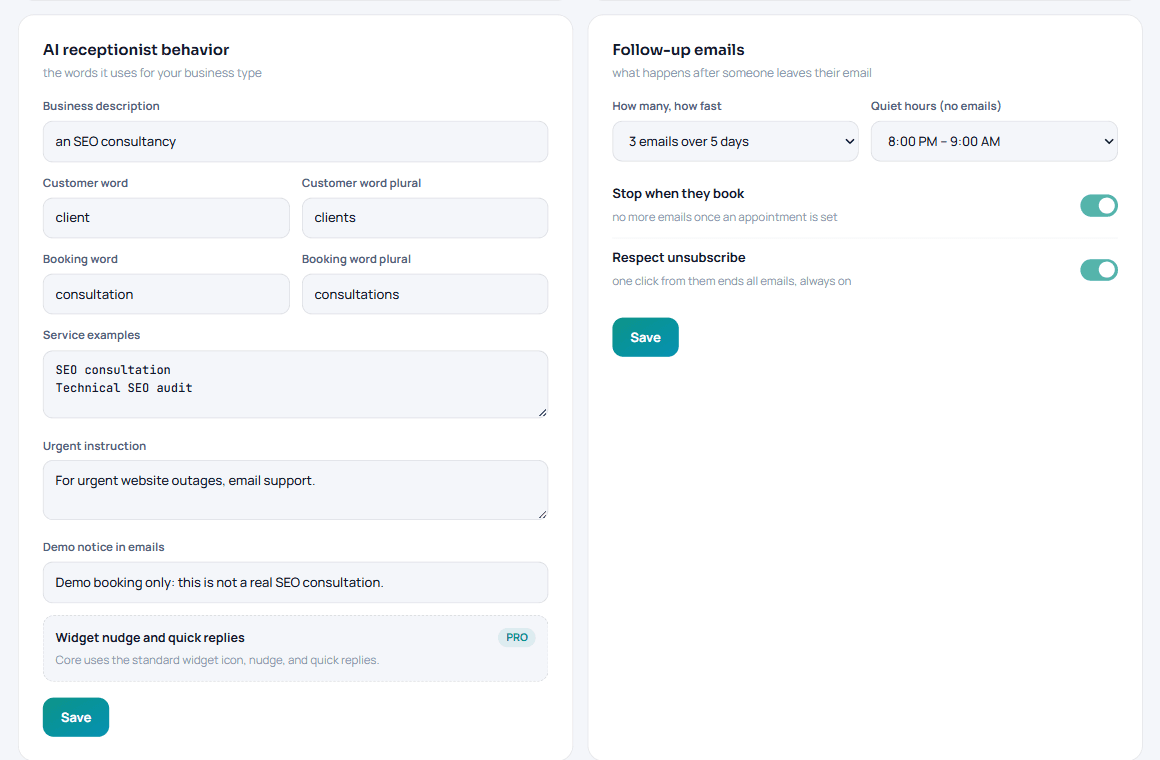 AI Receptionist dashboard controls for business wording, service examples, urgent instructions, and follow-up emails